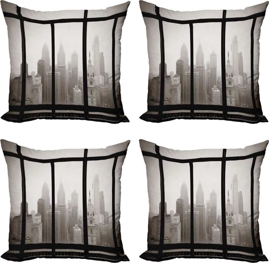 ABAKUHAUS Stadt Kissenbezug Set (4 Stück), Philadelphia Stadt-Dach, Moderner Doppelseitiger Digitaldruck, 50 cm x 50 cm, Schwachgrau und schwarz