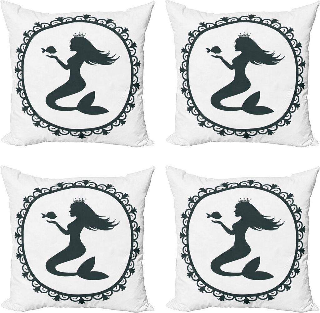 ABAKUHAUS Meerjungfrau Kissenbezug Set (4 Stück), Weinlese-Prinzessin Fisch, Moderner Doppelseitiger Digitaldruck, 40 cm x 40 cm, Schwarz-Weiss