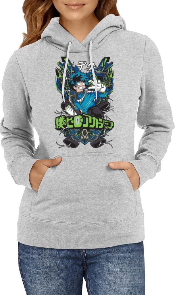 Damen Kapuzenpullover Japan Manga Comics Anime My Hero Anime Academia Izuku Midoriya Var-001, Lady XS / Grau