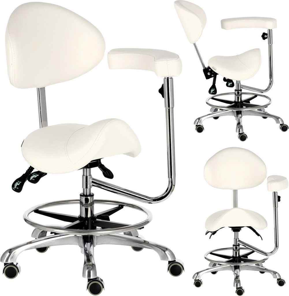Cosmetische kapperskruk zadel met rugleuning en armleuning Productafbeelding 