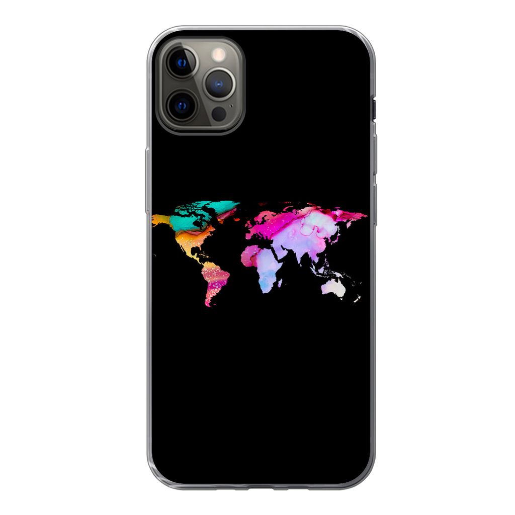 MuchoWow Handyhülle Schutzhülle Hülle für iPhone 12 Pro Max Weltkarte - Farbe - Aquarell Silikon Softcase Handy Hülle - Hartschale