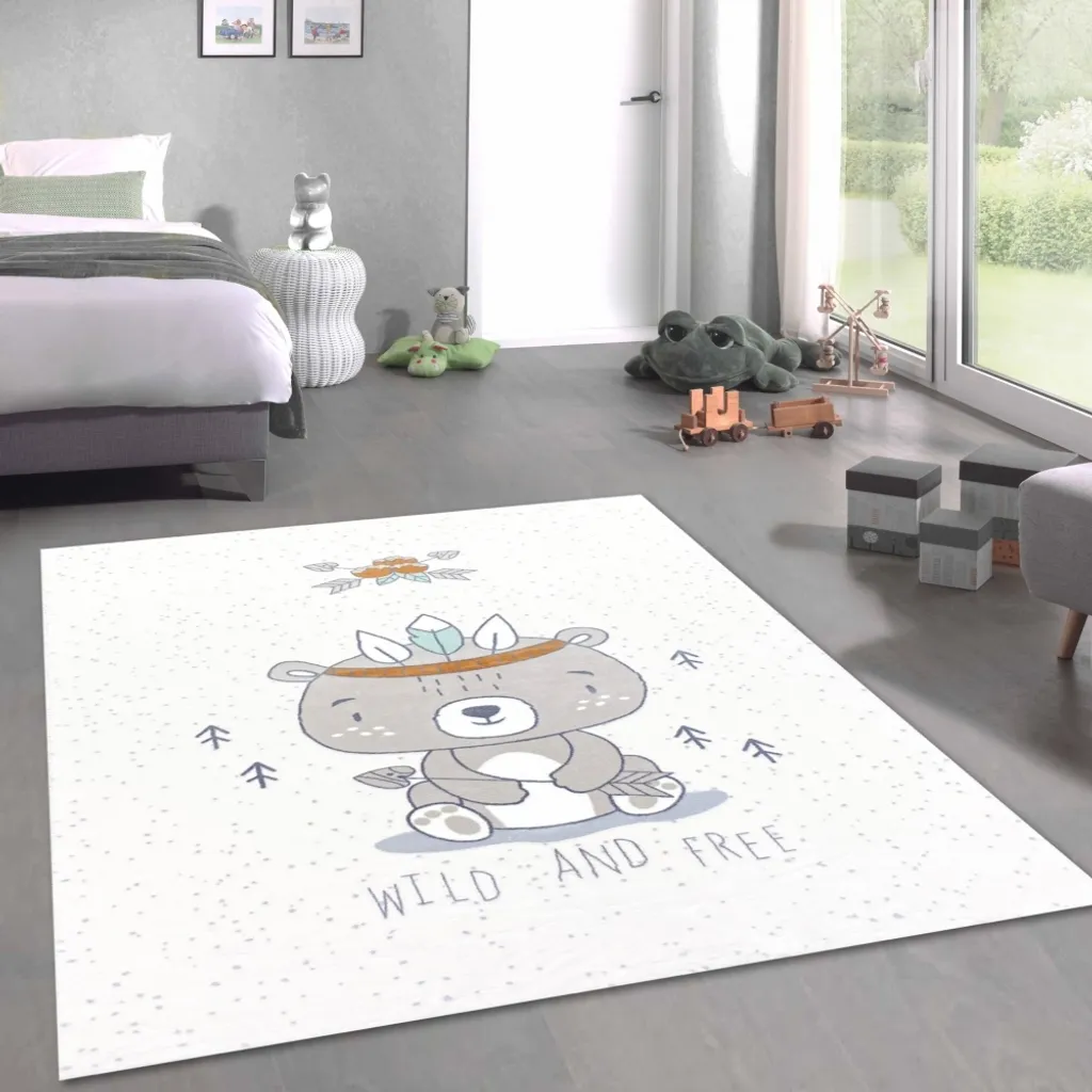 Grand tapis de jeux enfant motif ourson pelucheux 160x230 cm coloris crème