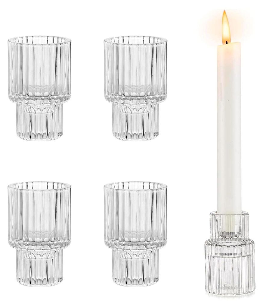 4 Stück Stabkerzenhalter aus Glas, Transparente Kerzenhalter für Stabkerzen, Vertikales Streifendesign, für Zuhause, Partys, Dekoration