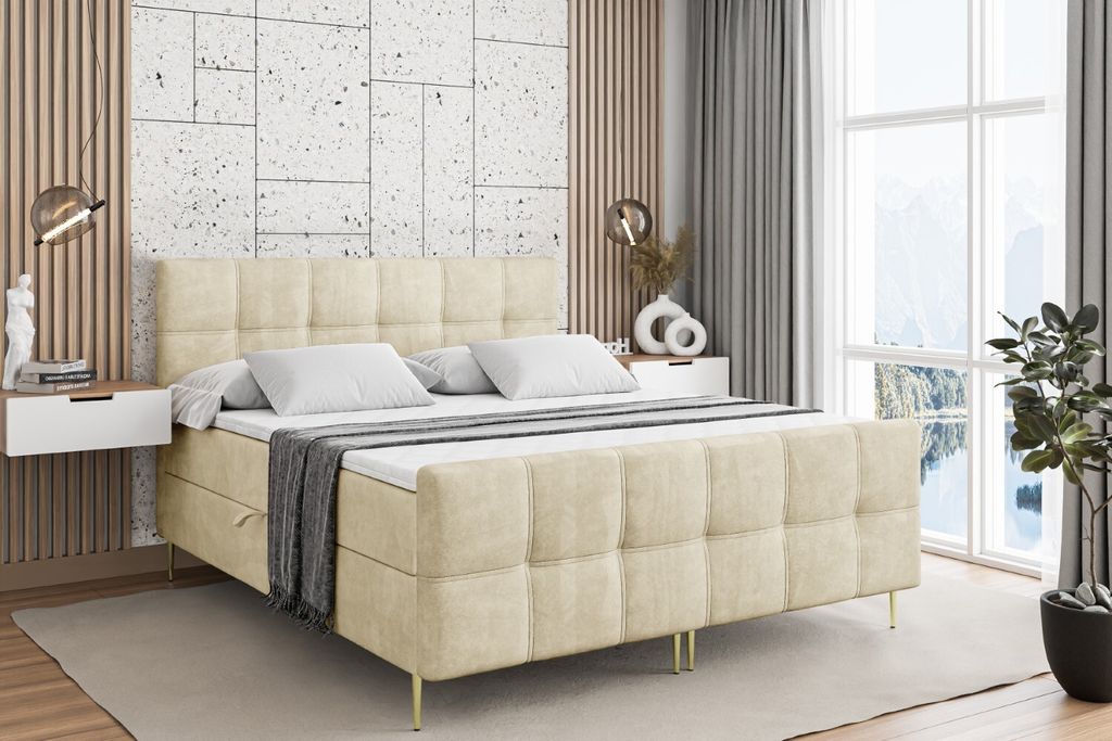 ALTDECOR Boxspringbett mit Gold Füßen, Matratze und Lattenrost, Topper, Fußteil, Polsterbett mit Bettkasten, Bett mit Stauraum H3-Matratze, Dopp...