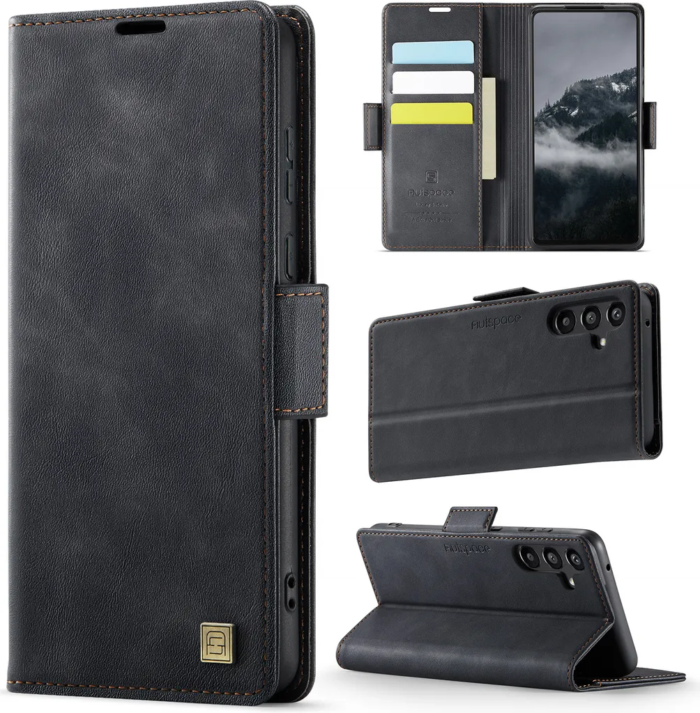 Custodia in pelle per Samsung Galaxy A55 5G, protezione RFID, chiusura magnetica, slot per carte e supporto Nero