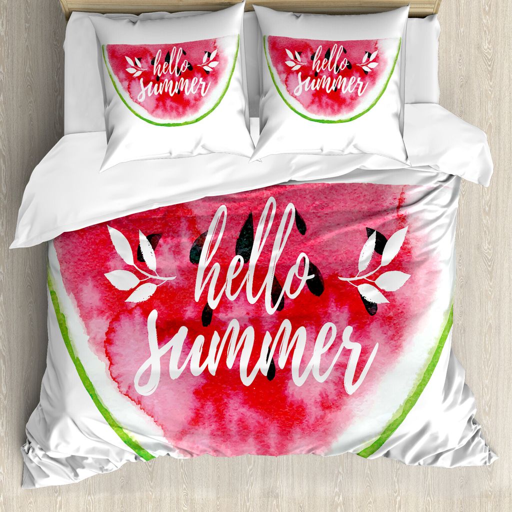 ABAKUHAUS Sommer Bettbezugs Set Für Doppelbetten, Aquarell Wassermelone Hallo, Milbensicher Allergiker geeignet mit Kissenbezügen, Weiß Zinnober...