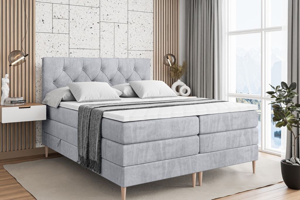 ALTDECOR Boxspringbett mit Holz Füßen, Matratze und Lattenrost, Topper, Polsterbett mit Bettkasten, Bett mit Stauraum H3- und H4- Matratze, Doppe...