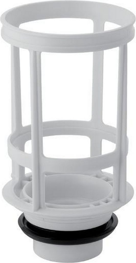 A white plastic plumbing component, likely a part of a toilet cistern, is shown against a white background.