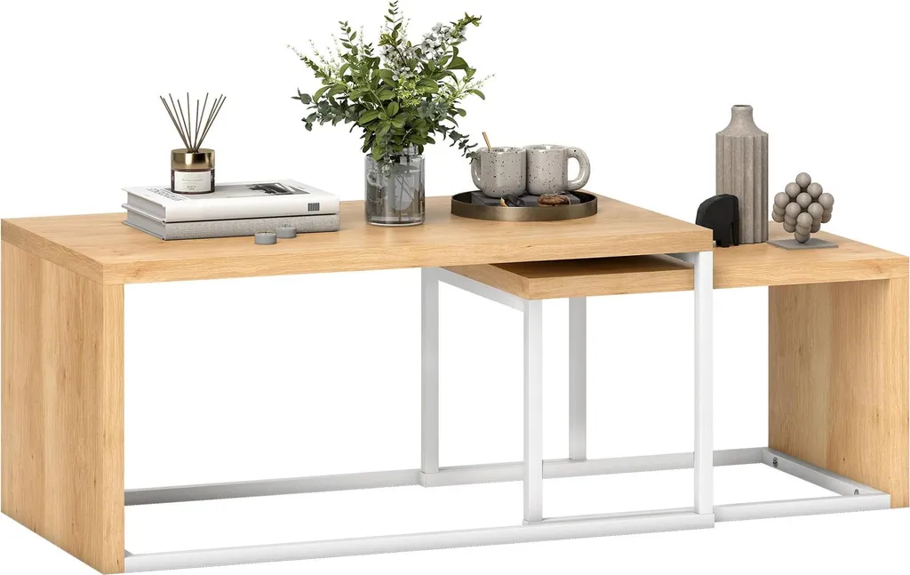 Tables basses design scandinave 90 cm en bois et métal blanc avec gigognes