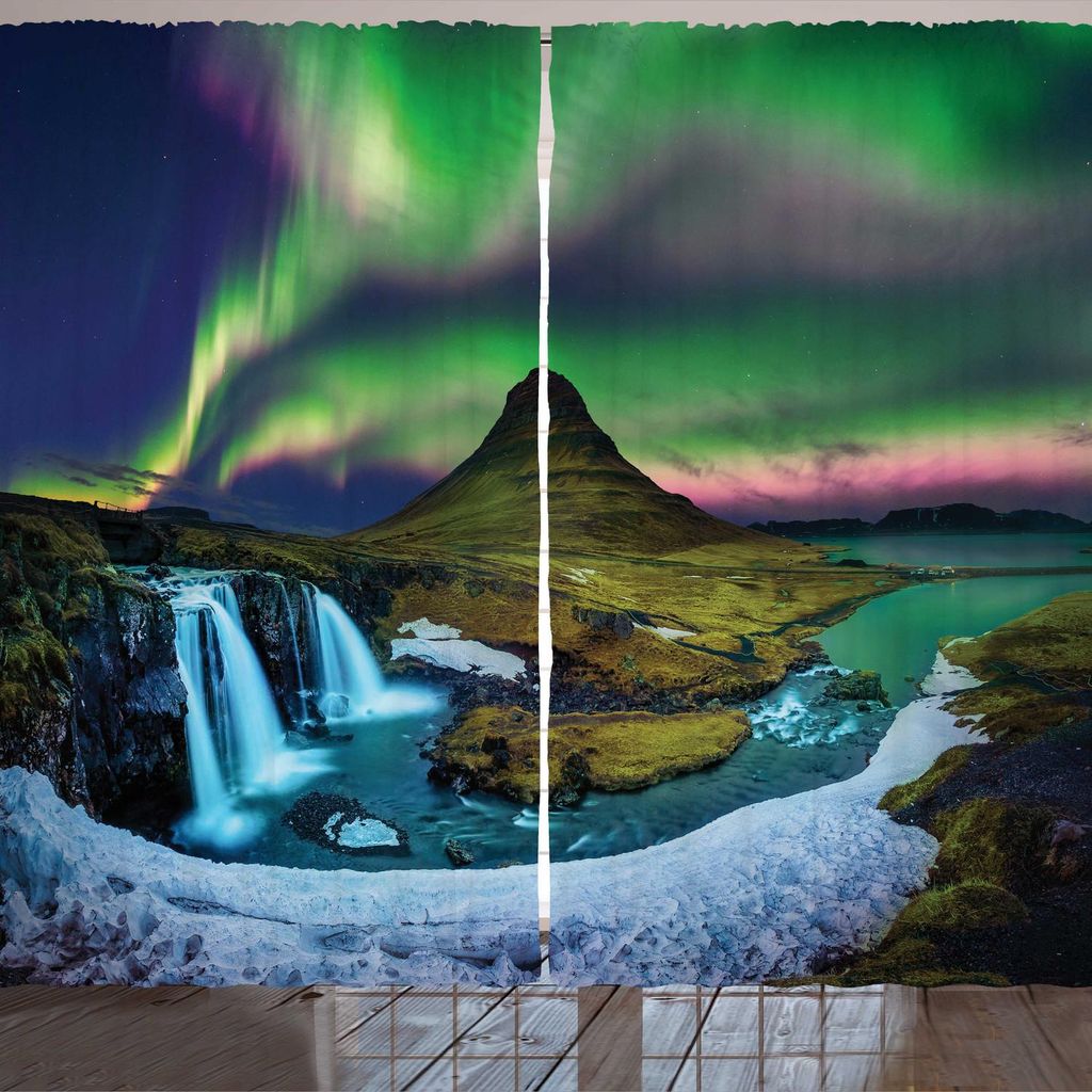 ARANDE Schneeberg Gardine, Bild Aurora Borealis am Mount Kirkjufell von Island in der Wintersaison, 280 x 175 cm, Mehrfarbig