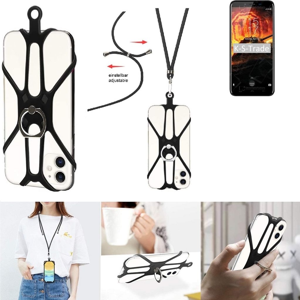 K-S-Trade 3in1 Handykette Handyband Handykordel Halsband Smartphone-Ring Handy-Ring kompatibel mit HomTom S99 Fingerhalterung Handyring Tischständer