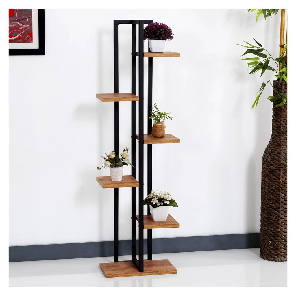 Blumenständer Tohmajärvi 6 Ebenen 120 x 34 x 21 cm Pflanzenständer für Innenräume Schwarz/Walnussoptik
