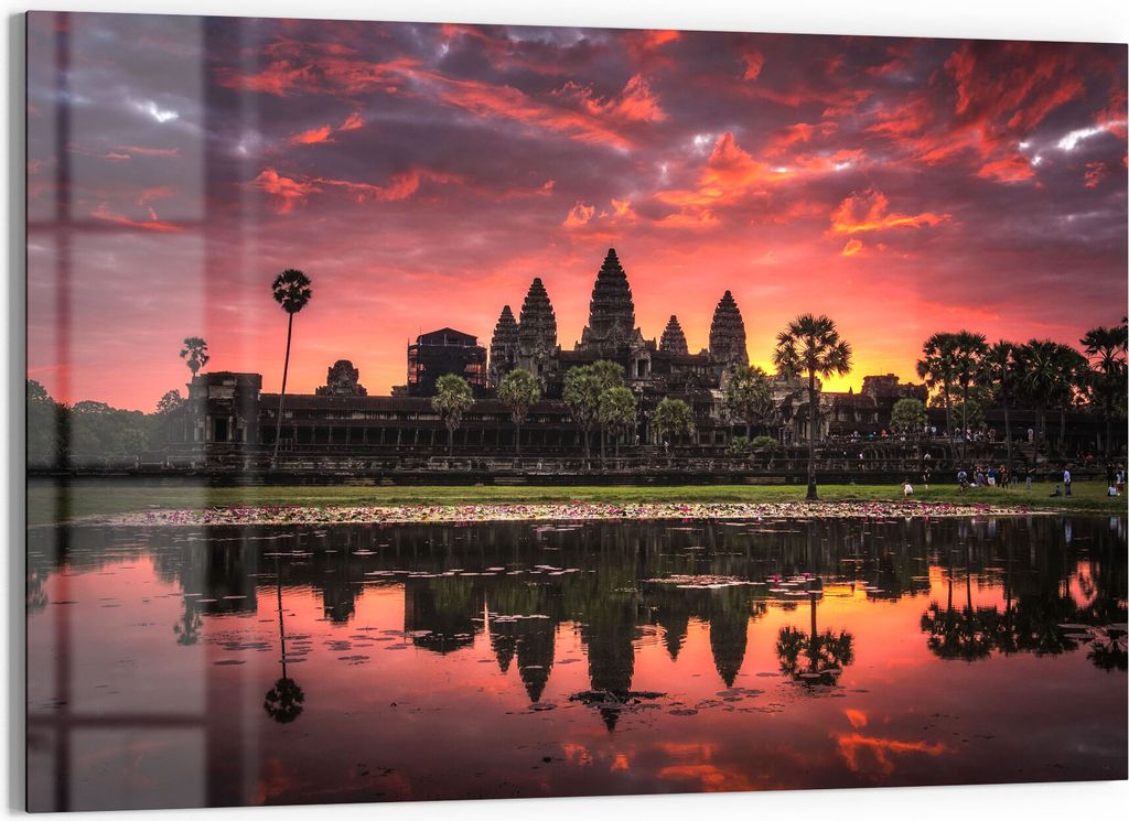 DEQORI Glasbild Echtglas 90x60 cm 'Angkor Wat in Morgenröte' Wandbild Bild modern Deko