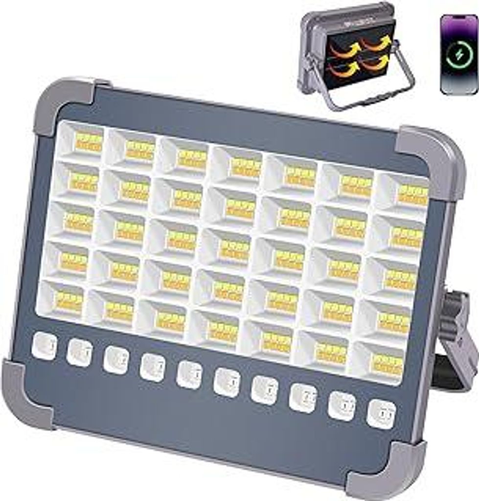 MASMEJOR 100W LED Baustrahler Akku 10000 Lumen mit Solarpanel - 6000mAh Wiederaufladbare Arbeitsleuchte mit 5 Modi, Tragbare Campinglampe für Baus...