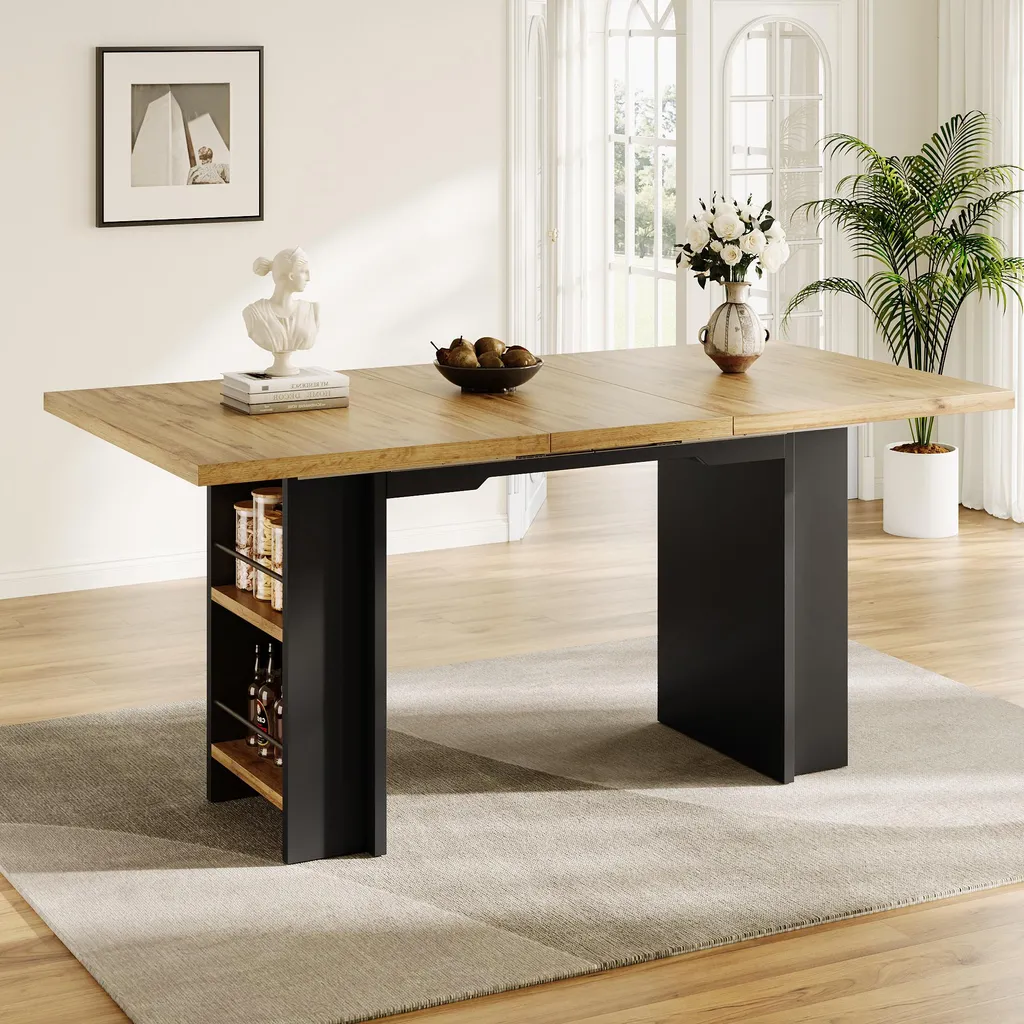 Table de cuisine avec étagères, table extensible bois 120x80 cm