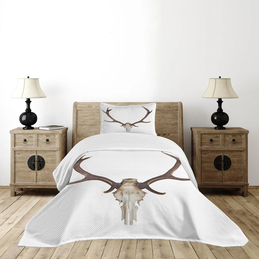 ABAKUHAUS Set copriletto con corna, corna di un enorme cervo alce scheletro grandi ossa corna cacciatore stile stampa, 170 x 220 cm, marrone e beige