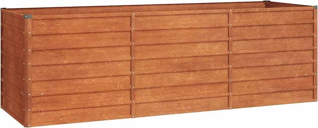 A long, rectangular wooden planter box with a slatted design, shown from a slightly elevated front-side angle against a white background.