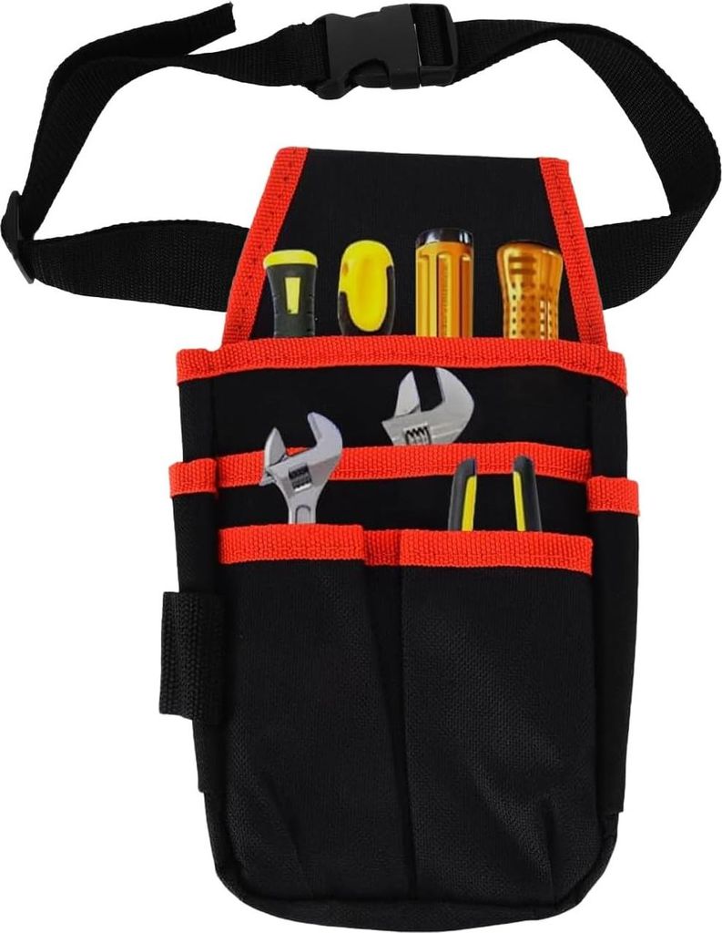 Werkzeuggürtel mit 1,2 m Gurt 13 x 25 cm 6 Taschen 600D Oxford Stoff Arbeitsgürtel Tasche für Zimmerer Elektriker Techniker Schwarz
