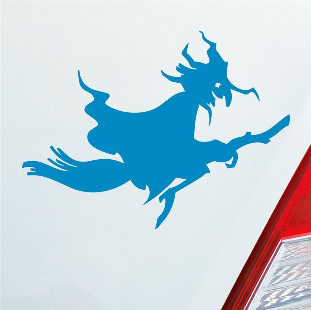 Auto Aufkleber Hexe Witch Besen Frau Hexerei 12x9 cm Hellblau Sticker Heckscheibenaufkleber