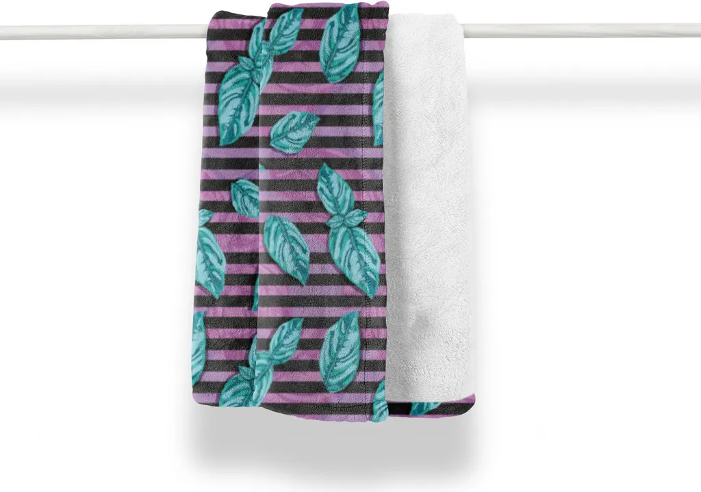ABAKUHAUS Coperta in morbido pile di flanella botanico, motivi con foglie di basilico speziato, morbida e confortevole per interni ed esterni, 125 x 175 cm, schiuma di mare scura, lilla chiaro, grigio scuro