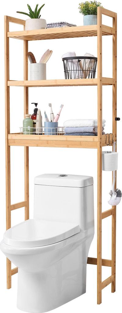 SucceBuy 3-stufiges Aufbewahrungsregal über Toilette, verstellbarer Badezimmer-Organizer aus Bambus mit 3 Haken, freistehender Platzsparer für W...