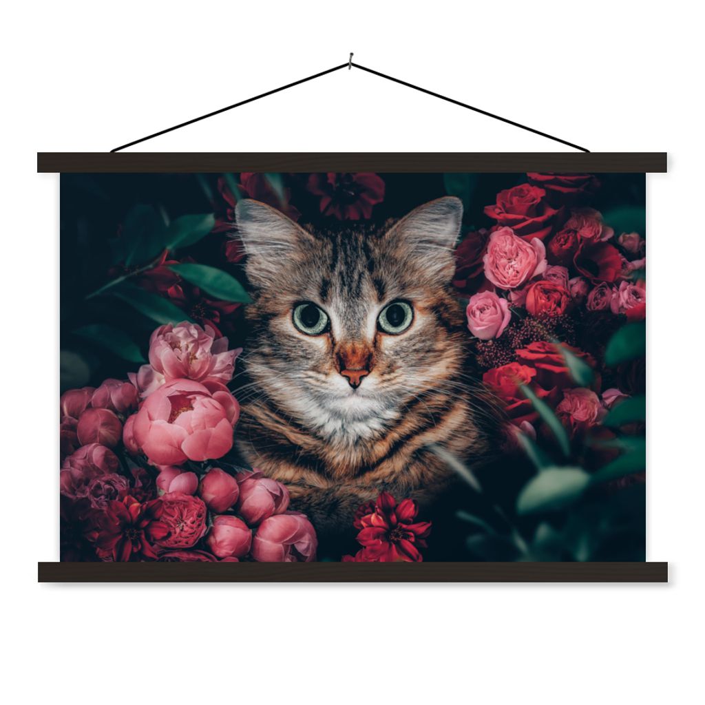 MuchoWow Textilposter Katze - Blumen - Blätter - Botanisch 120x80 cm mit schwarzem Rahmen - Wanddeko
