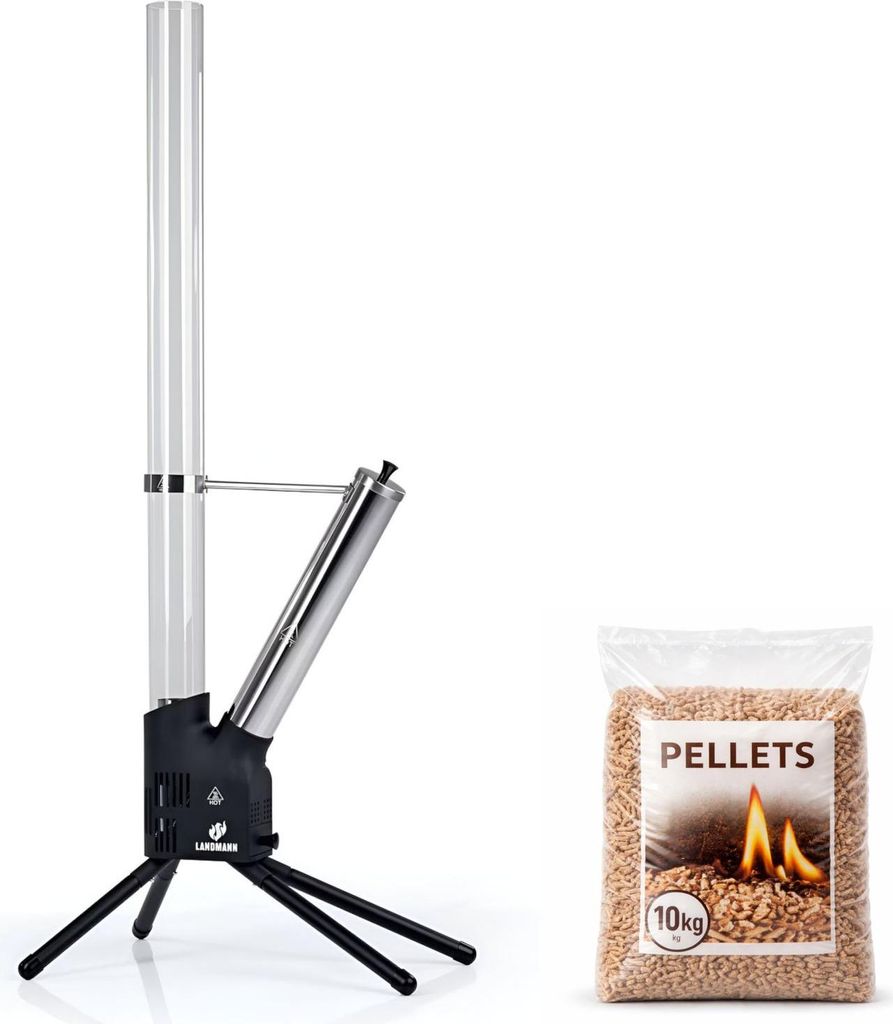 LANDMANN Feuerrohr aus Edelstahl | inklusive 10 kg Holzpellets | raucharmes Flammenspiel | robuste Outdoor Feuerstelle für Terrasse und Garten | d...
