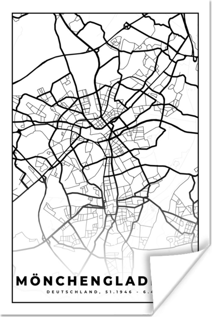 MuchoWow Poster Karte - Mönchengladbach - Stadtplan 60x90 cm - Wanddekoration