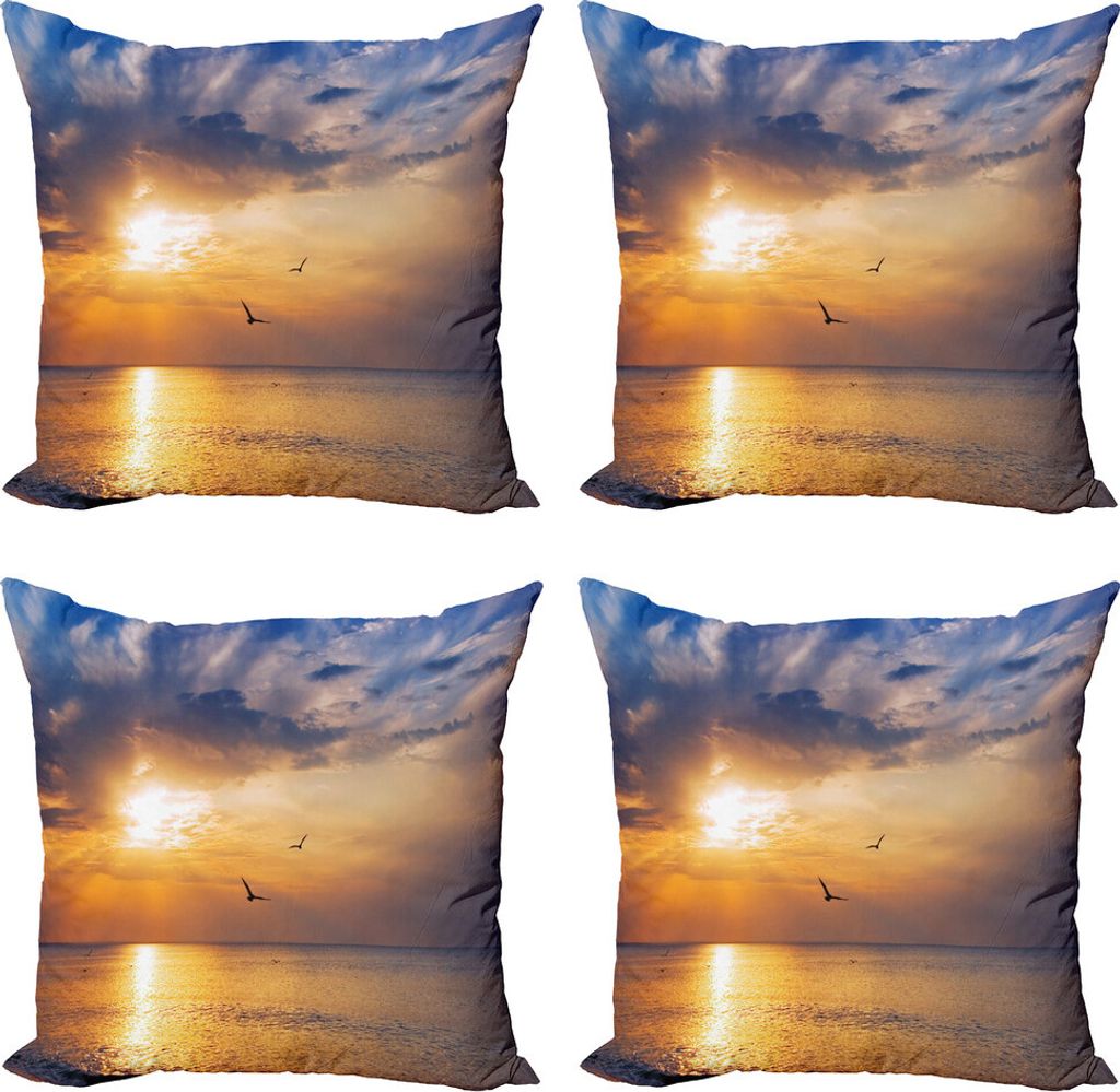 ABAKUHAUS Vögel Kissenbezug Set (4 Stück), Am frühen Morgen Sonnenaufgang, Moderner Doppelseitiger Digitaldruck, 40 cm x 40 cm, Blau und Orange