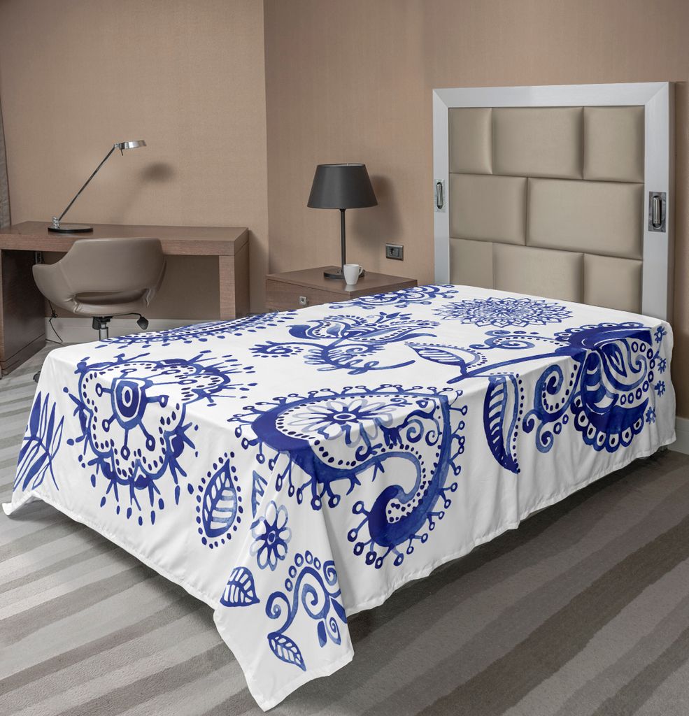 ABAKUHAUS Blau und weiß Bettlaken, Altmodische Kunstvolle Motive In Der Aquarell Art Paisley Mandala Mit Blumen, weiches bequemes oberes Bettlaken...