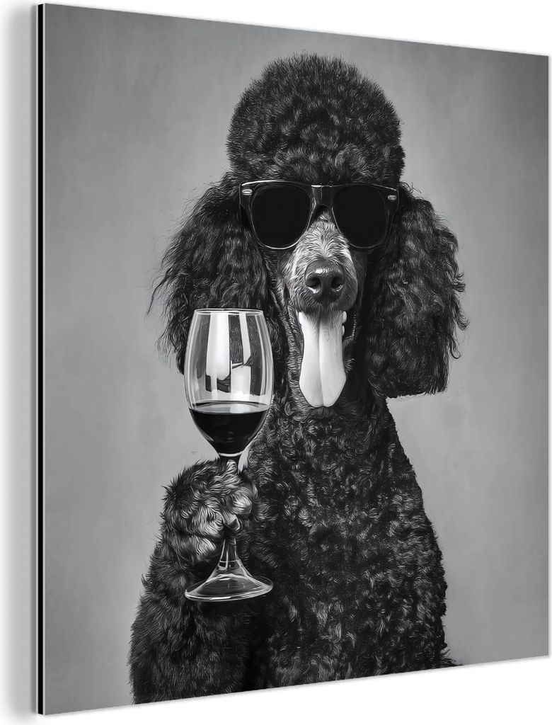 MuchoWow Wanddekoration Metall Metallbild Wandkunst 50x50 cm Hund - Locken - Sonnenbrille - Wein MuchoWow Aluminium Gemälde - Alubild - Industrial