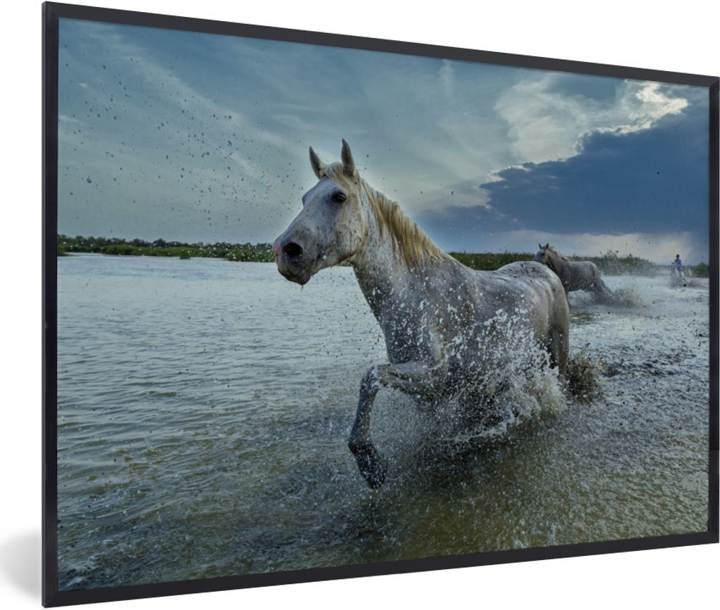 MuchoWow Gerahmtes Poster Pferd - Weiß - Wasser 30x20 cm - Poster mit Schwarzem Bilderrahmen Wandposter Rahmen Foto Bilder - Kunstdruck - Bild-P...