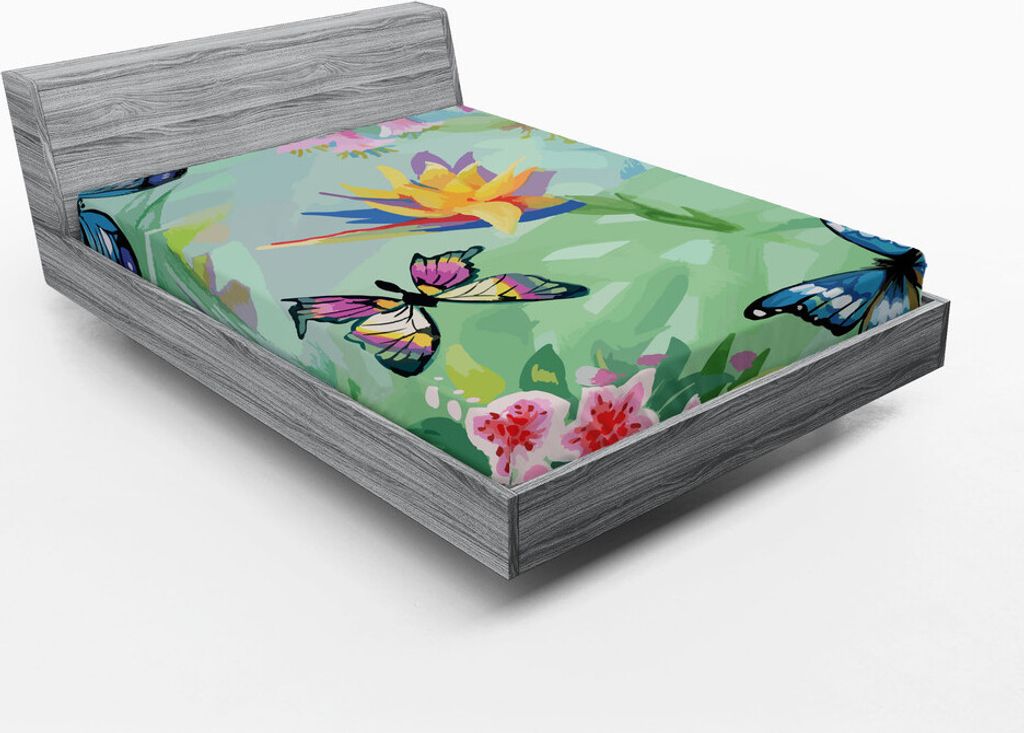 ABAKUHAUS Frühling Spannbetttuch, Aquarell-Illustration Bunte Schmetterlinge und Garten Wilde Blumen, 120 x 190 cm, Hellgrün Mehrfarbig