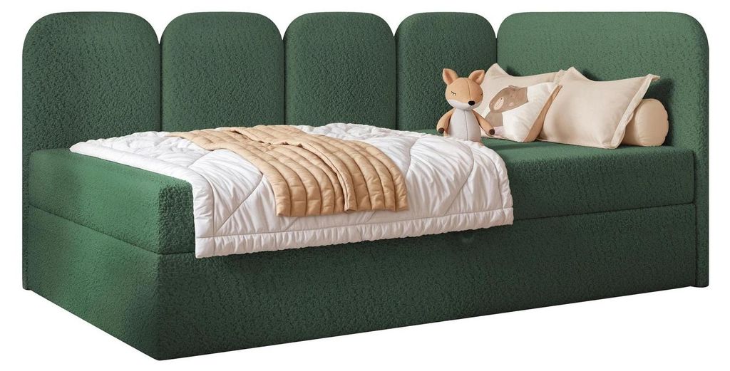 Jugendbett FINO 100x200 Rechts Bettkasten Bonellmatratze Flaschengrün Bouclé