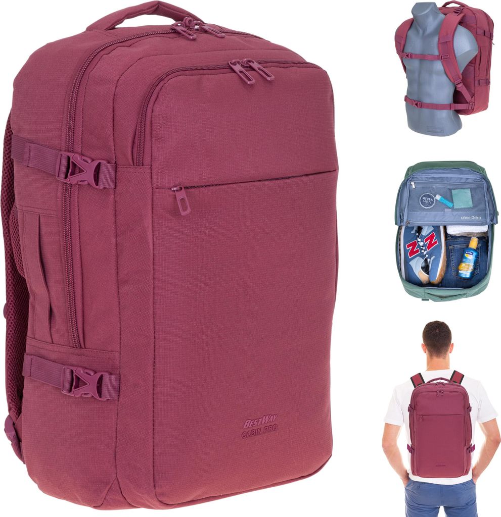 Rucksack Damen Herren Reiserucksack Bestway Cabin Pro Ultimate IATA 30 Liter Handgepäck Laptopfach 40325 4700 Bordeaux Lite Rot + Koffergurt bagbo...