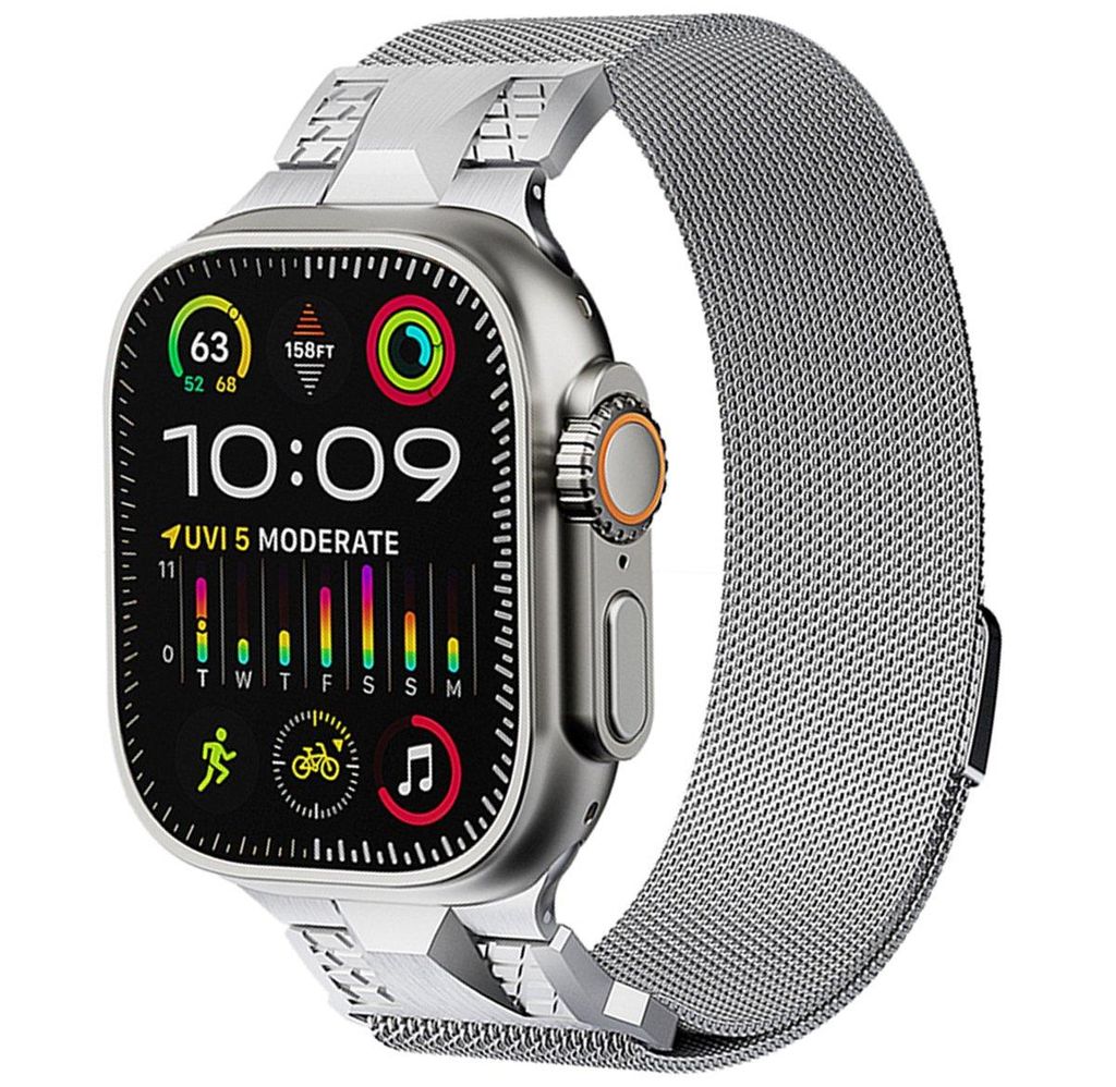 FFO2World Titan-Milanese-Armband – Magnetverschluss – Passend für Apple Watch 46/45/44/42 mm & Ultra 49 mm – s Titan-Armband – Silber