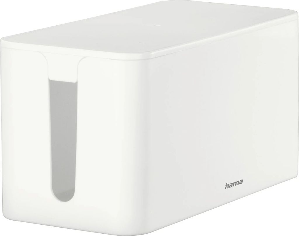 A white cable management box with a slot on the front.