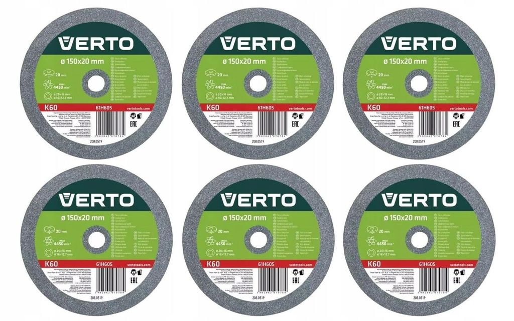 VERTO Schleifscheiben 150 x 20/16/12.7 Dick: 20 mm - 6 Stück, inkl. Untersetzungen, passend für verschiedene Schleifmaschinen, Körnung K60, 6 Sc...