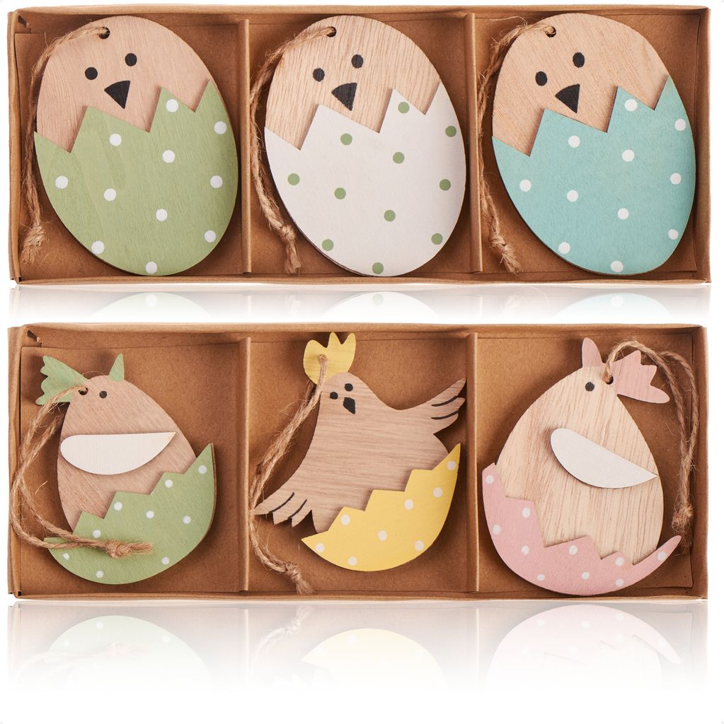 com-four 6x Dekoaufhänger aus Holz - Osterschmuck aus Holz zum Aufhängen - Holzaufhänger Osterei und Huhn - Osterstrauß