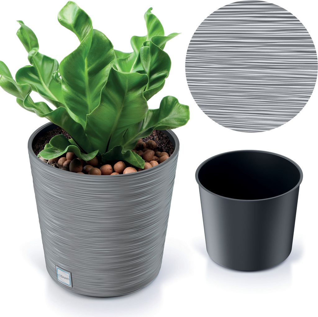A plant in a gray textured pot, with a separate black inner pot and a circular graphic showing a pattern.