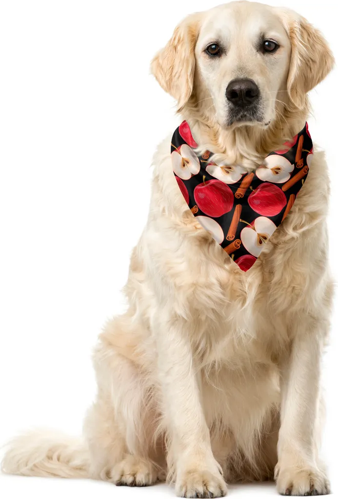 ABAKUHAUS Bandana per animali domestici con motivo a mele, frutti e bastoncini di cannella, 55x55 cm, Cinnamon Red Creme