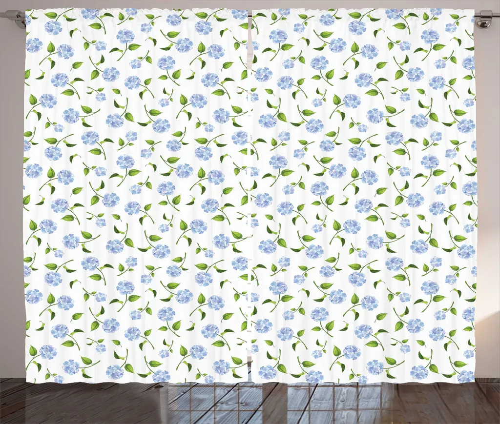 Rideaux pour grand salon bleu et blanc - Décoration florale 280x225