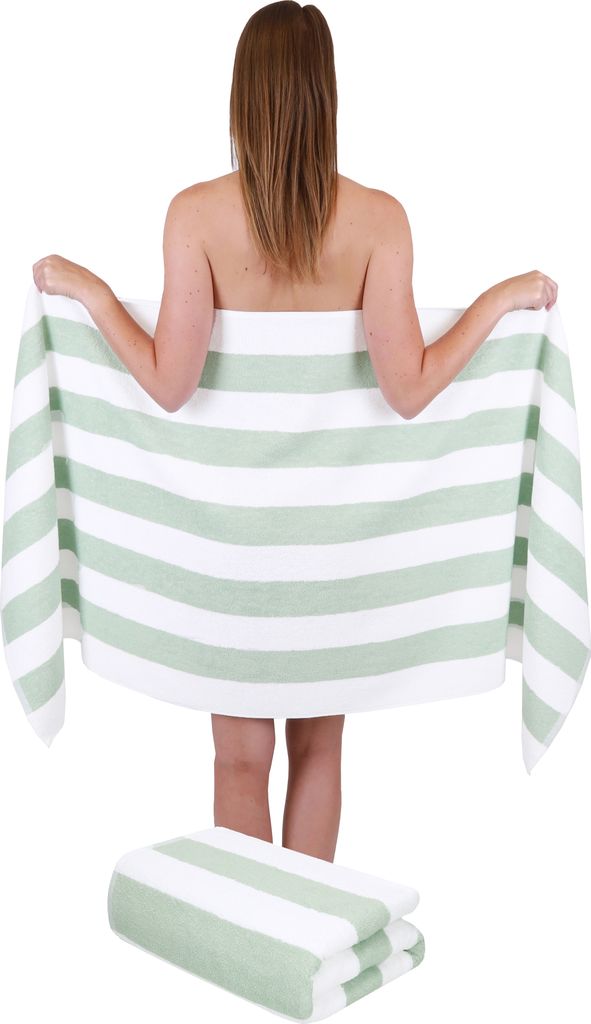 Betz 2 Stück XXL Saunatücher 70 x 180 cm STREIFEN BERLIN Badetuch 100% Baumwolle Farbe – weiss/jade