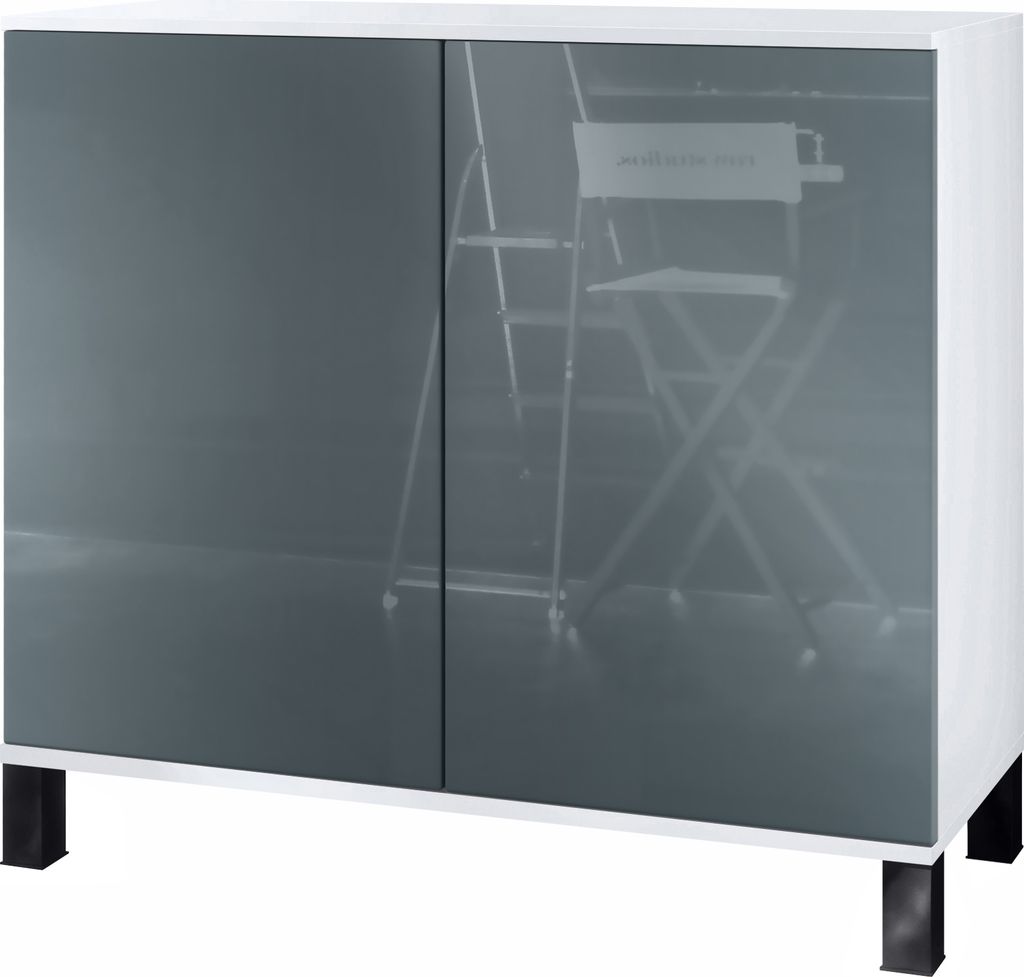 Vladon Kommode Skadu V3, Moderner Küchenschrank mit 2 großen Türen Weiß matt / Grau Hochglanz (92,5 x 84.5 x 35)