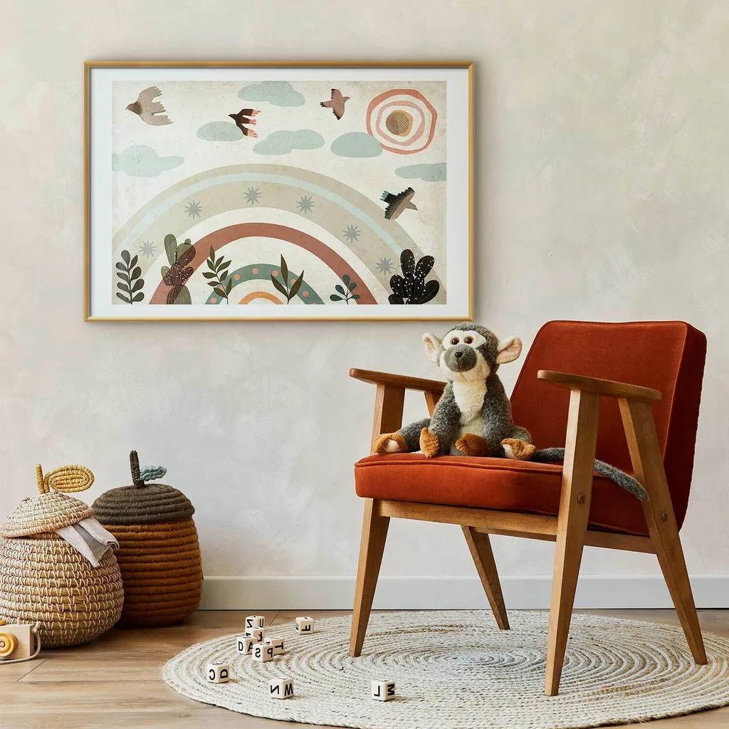 Quadro Minimal Arcobaleno e Uccelli 60x40 - Cornice Oro e Margine - 2