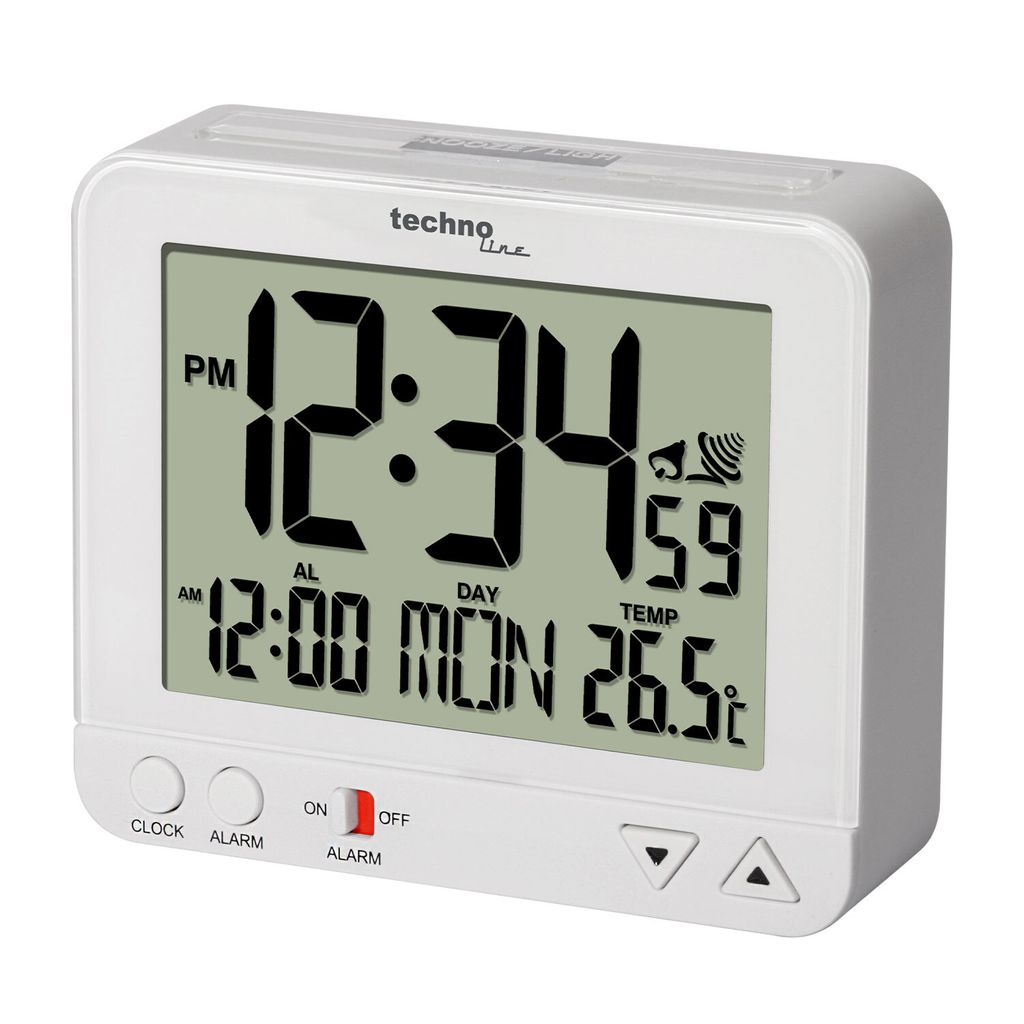 A white digital alarm clock with a large LCD screen displaying the time, date, and temperature.