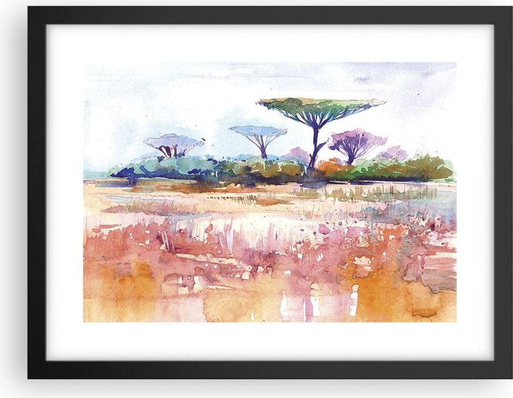 Gerahmtes Poster - Schwarzer Rahmen - Aquarell Savanne Bäume - 40x30 cm - Wand Bild - Wanddeko - Wandbilder - Kunstposter - Wandposter - Bilderrah...