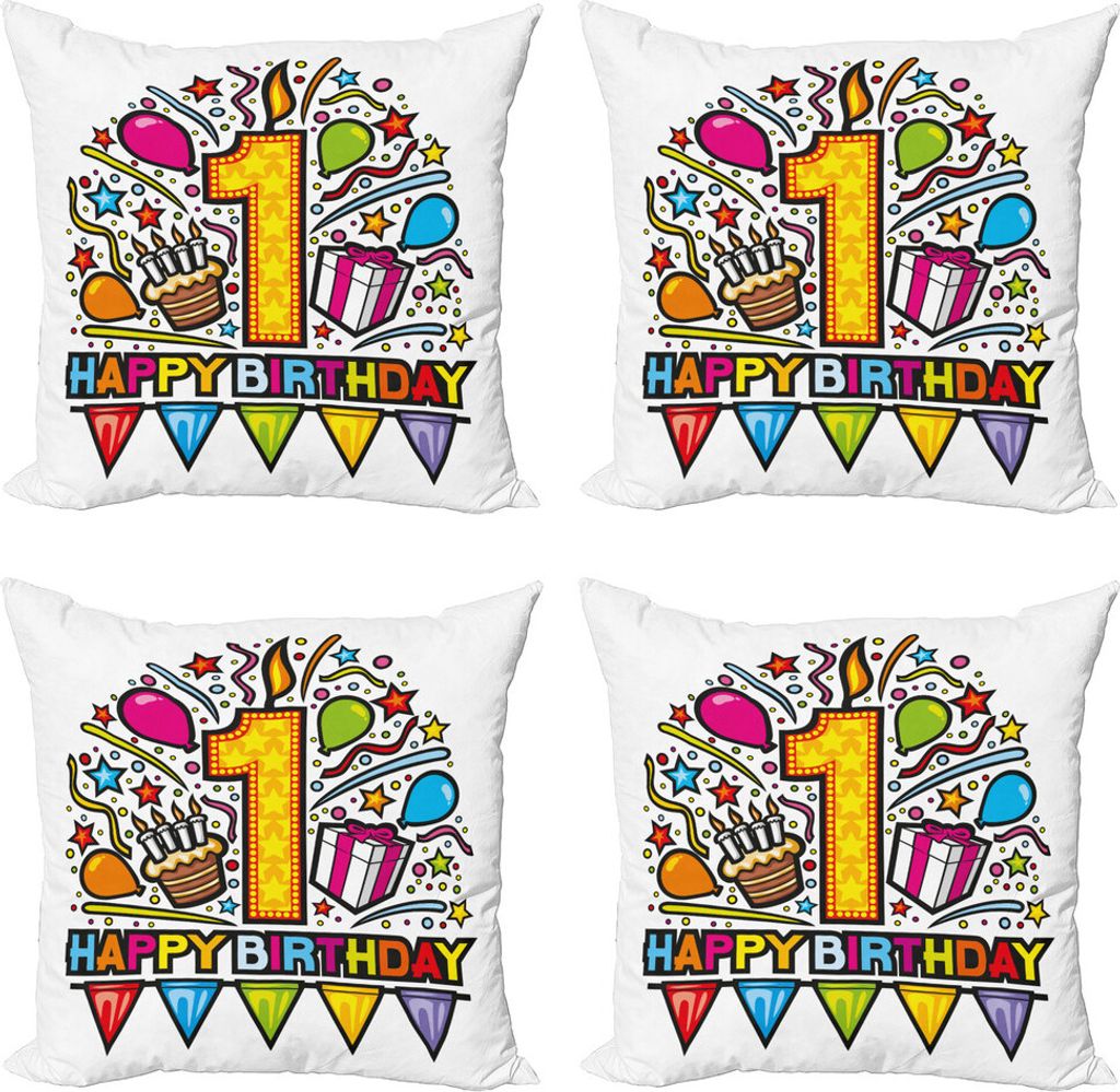 ABAKUHAUS 1. Geburtstag Kissenbezug Set (4 Stück), Pop-Art-Art-Partei, Moderner Doppelseitiger Digitaldruck, 50 cm x 50 cm, Mehrfarbig
