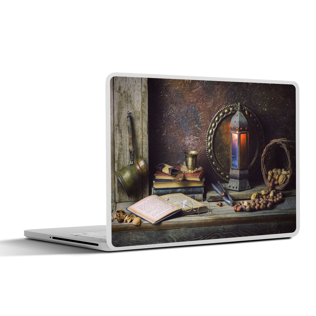 MuchoWow Laptop Aufkleber Sticker Cover Buch - Stilleben - Walnuss - Laterne - Vintage 30x22 cm - Laptop-Sticker