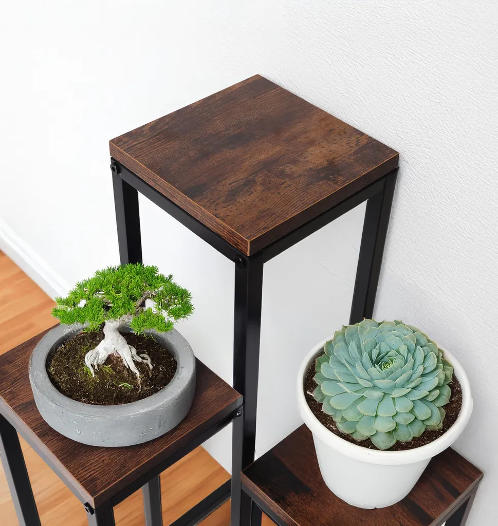 Présentoir fleurs métal et chêne antique style rustique avec 4 socles